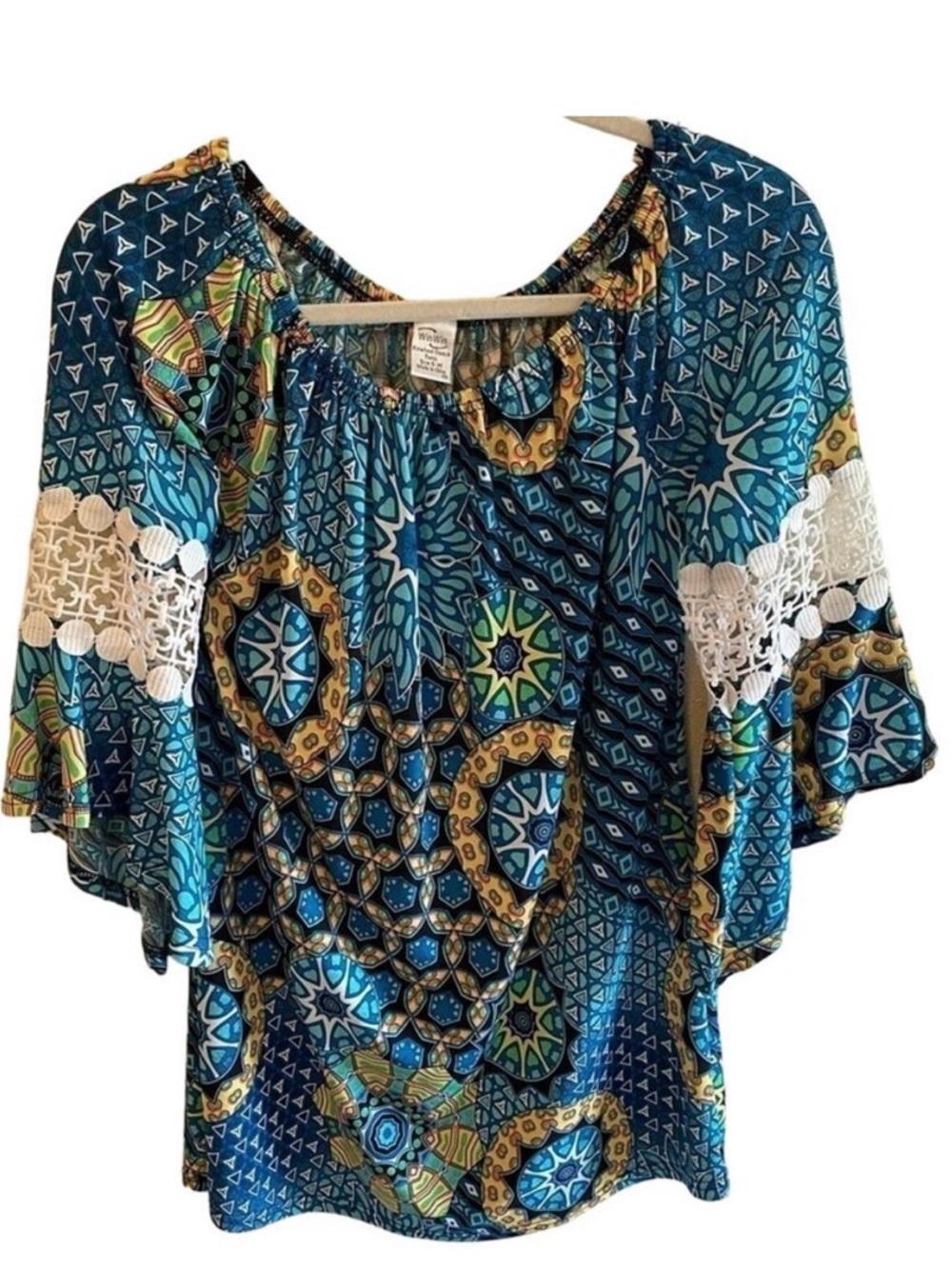 Win-Win Colorful 3/4 Sleeve Bell Sleeve Crew Neck Blouse Size‎ S-M